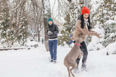 Cheerful smiling caucasian couple of man and woman having fun on european street walk. Casual outfit: jeans, jackets and hats. Winter cold weather with snow. Decorated Christmas tree on a backgroundの写真素材