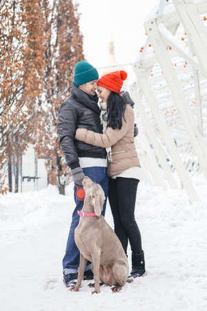 Cute happy loving couple of caucasian man and woman on a walk in snowy day with their weimaraner dog. Casual outfit, lifestyle imagesの写真素材