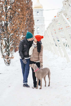 Cute happy loving couple of caucasian man and woman on a walk in snowy day with their weimaraner dog. Casual outfit, lifestyle imagesの写真素材