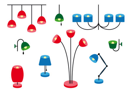 Set of lamps. Bra, desk lamp, floor lamp, ceiling lamp, chandelierのイラスト素材