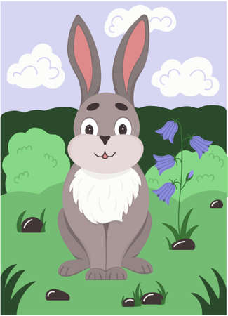 cute rabbit and bluebell on grass flat illustration in kids stileのイラスト素材