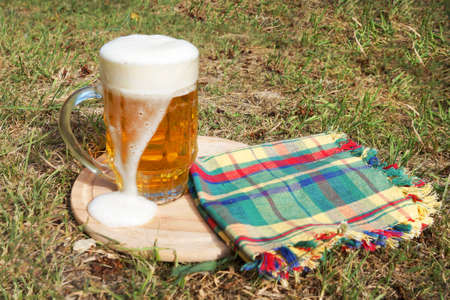 glass mug with beer and foam on a wooden tray on the grass on a sunny dayの写真素材