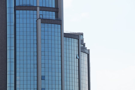 Varna, Bulgaria - August, 02, 2020: modern glass facade of a skyscraper against the sky, copy space