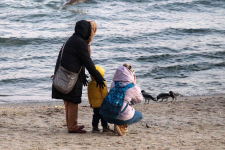 Varna, Bulgaria - November, 22, 2020: people feed birds by the sea in autumnのeditorial素材