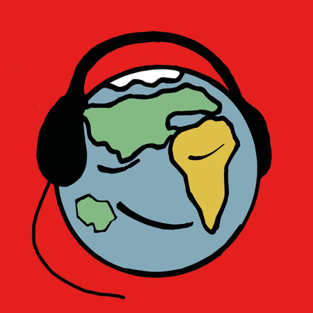 planet earth with headphones listening to music, illustration on red background.の写真素材