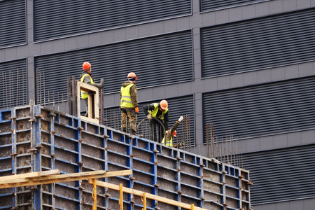 Varna, Bulgaria - October, 6, 2020: workers at the construction site of a monolithic houseのeditorial素材