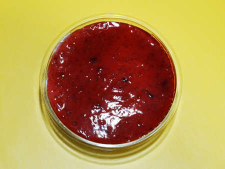 red raspberry jelly in a round plate on a yellow background.