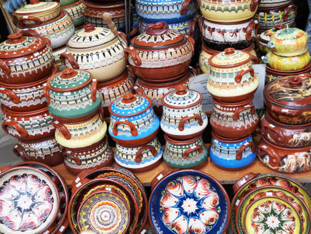 Varna, Bulgaria - September, 22, 2021: bulgarian ceramic dishes on the counter of a souvenir shopのeditorial素材