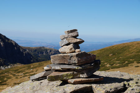 Buddhist cairn in the background of a mountain landscape.の写真素材