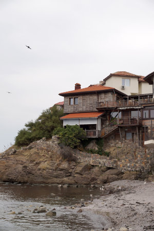 tourist town Sozopol Bulgaria, old houses on the high seashore.の写真素材