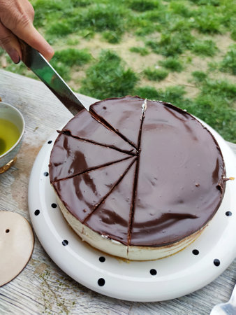 chocolate cheesecake cut with a knife, bird's milk cake.