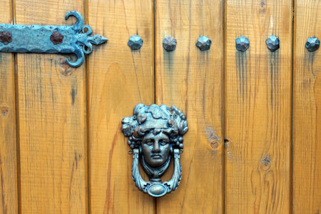metal ornaments in the form of an antique head on an old wooden door