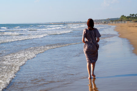a barefoot girl in a dress walks along the wet sand along the seashore, rear view.の写真素材
