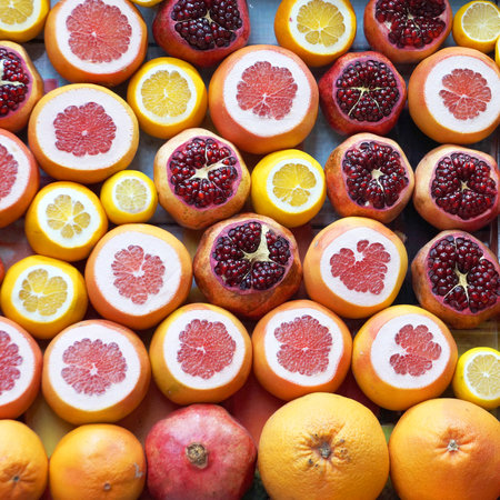 cut fresh oranges, pomegranates, grapefruits and lemons close up for fruity background, view from...