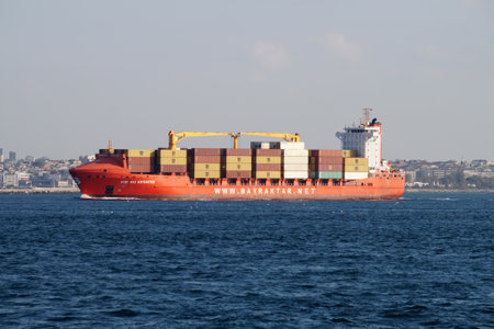 Istanbul, Turkey - November, 13, 2022: Bayraktar cargo ship with sea containers in the Bosphorus