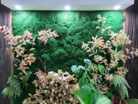 vertical landscaping of the interior of decorative moss and plants with backlight.