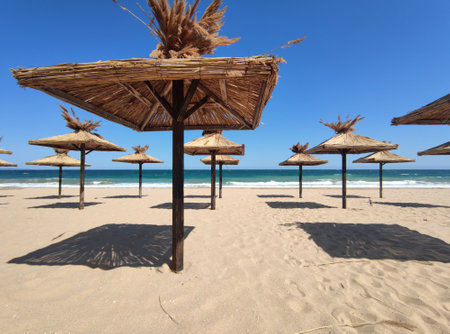 Beach umbrellas covered with straw on an empty sunny sea beach. Beach vacation.の写真素材
