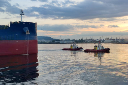 Two coast guard cutters escort a cargo ship to port.
