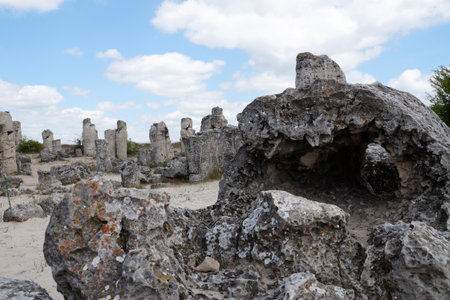 Natural stone pillars and rock formations under a cloudy sky, Pobiti Kamani Nature Park in Varna.