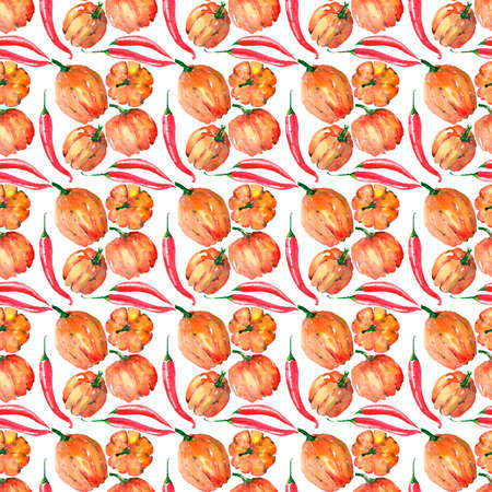 Beautiful lovely graphic artistic abstract bright cute halloween orange pumpkins and bright red hot chili peppers watercolor hand sketchの写真素材
