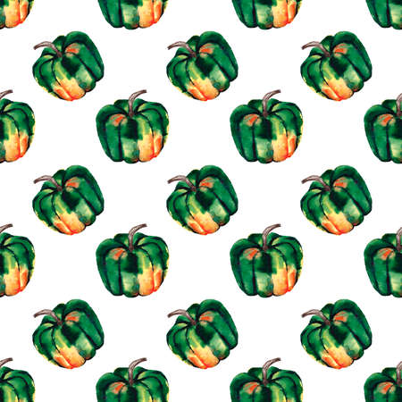 Graphic artistic abstract bright cute autumn ripe tasty colorful halloween green pumpkins pattern watercolor hand illustration. Perfect for textile, wallpapers, greetings card, backgroundsの写真素材