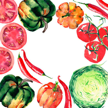 Autumn circle of beautiful lovely graphic artistic abstract bright cute halloween orange and green pumpkins, red hot chili pepper and tomato branch, cabbage and tomatoes sliced watercolor hand sketchの写真素材