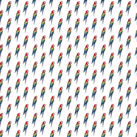 Bright colorful beautiful lovely sophisticated jungle tropical yellow, green, red and blue big tropical parrots pattern diagonal pattern watercolor hand illustrationの写真素材