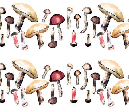 Graphic bright colorful summer autumn brown yellow pastel mushrooms pattern watercolor hand illustration. Perfect for textile, wallpapers, cardsの写真素材
