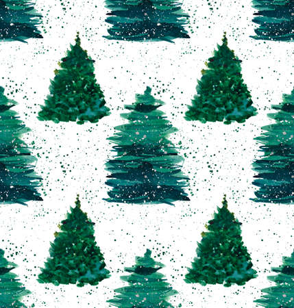 Christmas beautiful abstract graphic artistic wonderful bright holiday winter green spruce trees with green spray pattern watercolor hand illustration. Perfect for textile, wallpapers, backgrounds and greetings cardsの写真素材