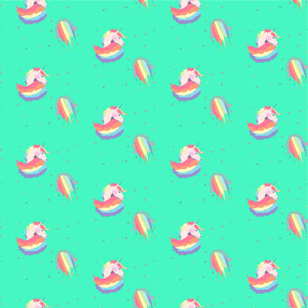 Bright beautiful lovely cute fairy magical colorful unicorns and rainbows pattern on green background vector illustration. Perfect for greeting and birthday card, wedding, invitation, textile designのイラスト素材