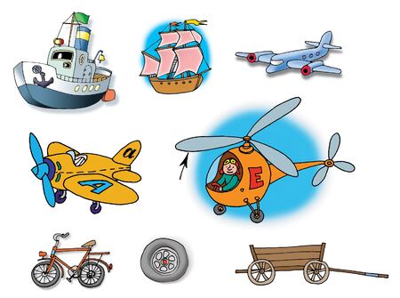 Hand drawn illustrations about different vehiclesの写真素材