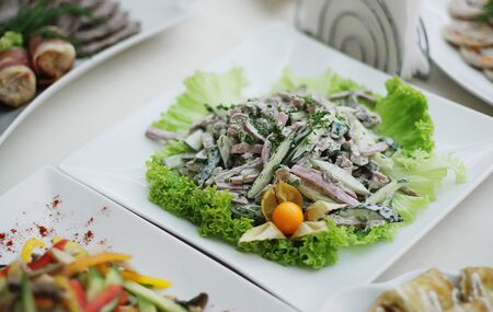 side dish with cabbage, cucumber, baconの写真素材