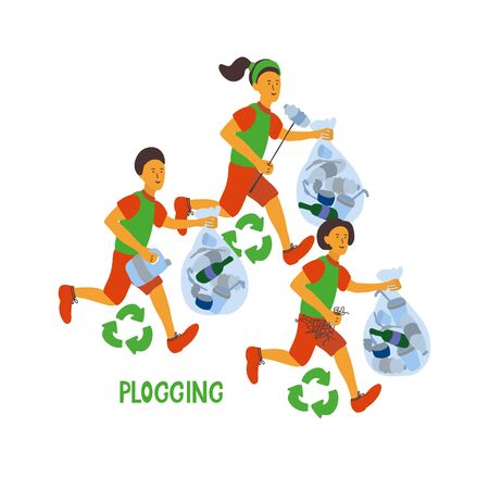 Hand drawn illustration with running people. They have garbage bags and clean their district from rubbish. Plogging eco concept. Vector Illustration isolated on white. Ecology poster.のイラスト素材