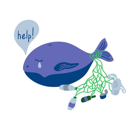 Suffering whale and trash in a dirty ocean. It asks about help. There are plastic and glass bottles, bags, fishing nets, tin. Ecological poster. Environmental Protection concept. Vector illustrationのイラスト素材