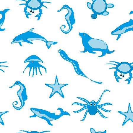Seamless pattern with ocean creatures on white. Vector illustration of an octopus, a crab, a jellyfish, a dolphin, a starfish, a seal, a seahorse, a moray eel, a turtle, a whale. Great baby textileのイラスト素材