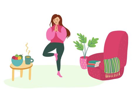 A nice girl doing yoga at home. There is an armchair, books, a coffee table with fruit and tea. She is calm and happy of her healthy lifestyle. Hand drawn vector illustration isolated on white.のイラスト素材