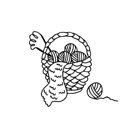 A nice wicker basket with clews and knitting needles. Hand drawn vector illustration in black ink on white background. Knitting hobby in doodle isolated outline.のイラスト素材