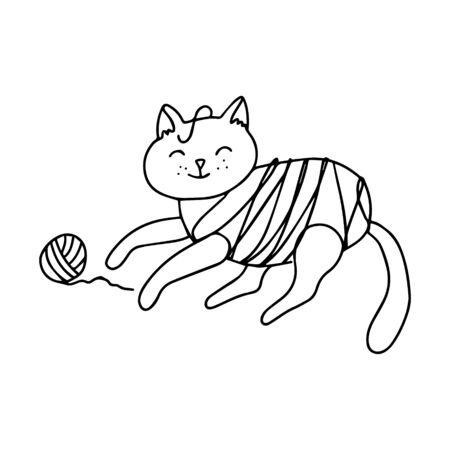 A yarn tangled cat is playing with the clew. Hand drawn vector illustration in black ink on white background. Knitting hobby element in doodle sketch isolated outline.のイラスト素材