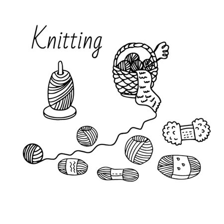 A wicker basket with clews, knitting needles, different sorts of yarn. Favorite hobby concept, knitting handmade work.Vector illustration isolated on white. Doodle sketch style, outline.のイラスト素材