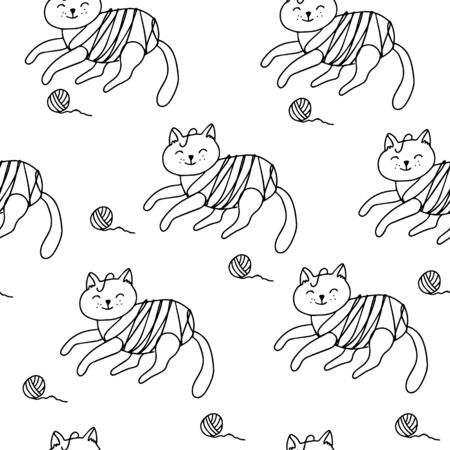 Cute cats are tangled in yarn and clews. Vector seamless pattern, black ink on white background. Great for fabric, wrapping papers, wallpapers, covers. Knitting hobby in doodle outline.のイラスト素材