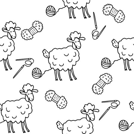 Cute sheep with clews, yarn and knitting needles. Vector seamless pattern, black ink on white background. Great for fabric, wrapping papers, wallpapers, covers. Knitting hobby in doodle style.のイラスト素材