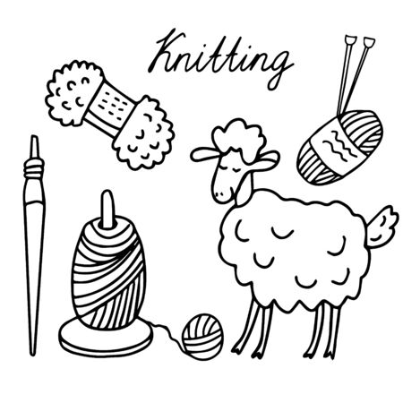 Cute sheep and knitting equipment: knitting needles, different sorts of yarn, yarn holder, spindle. Hobby concept, handmade work.Vector illustration isolated on white. Doodle sketch style, outline.のイラスト素材