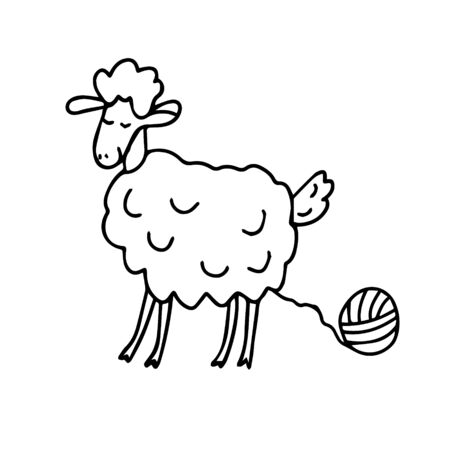 A cute sheep with a clew. Knitting hobby in doodle sketch isolated outline. Hand drawn vector illustration in black ink isolated on white background. Doodle style.のイラスト素材