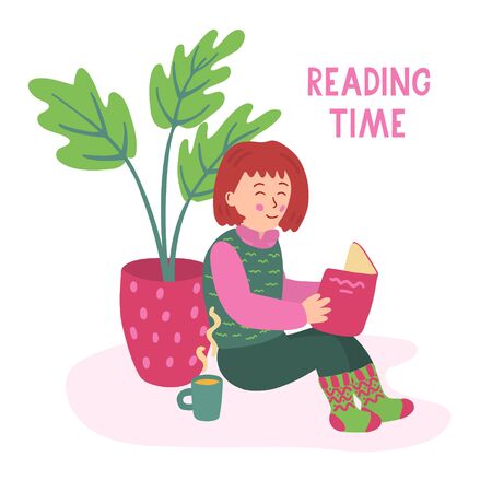 A nice little girl sitting on the floor and reading a book. There is a mug of tea and an indoors plant near her. Reading time lettering. Vector illustration isolated on white background.のイラスト素材