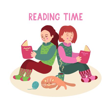 Nice little girls sitting on the floor and reading books. There is a mug of tea and a cute sleeping cat near them. Reading time lettering. Vector illustration isolated on white background.のイラスト素材