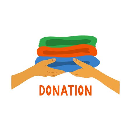 Clothing donation sign. Hands giving and receiving clothes on white background. Hand drawn vector illustration and letteringのイラスト素材