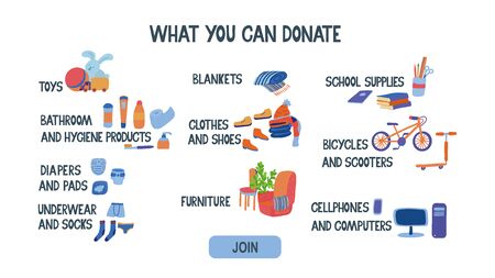 What you can donate. List of items with pictures for charity. There are clothes, furniture, computer, books, bike, scooter, hygiene items, stationery, toys. Hand drawn illustration and lettering.のイラスト素材