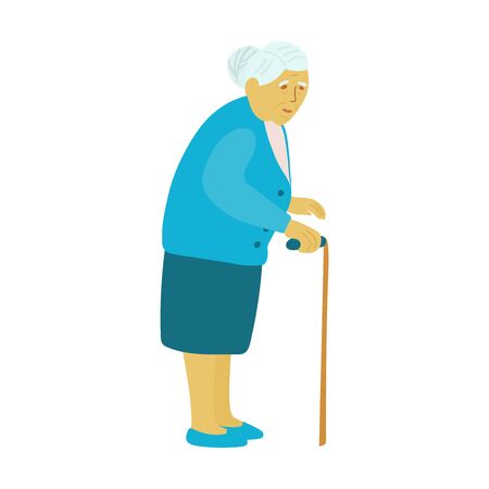 Senior woman isolated on white background. Grandma with a walking cane. Vector illustration of an elderly woman character in flat cartoon style. Full length portrait.のイラスト素材