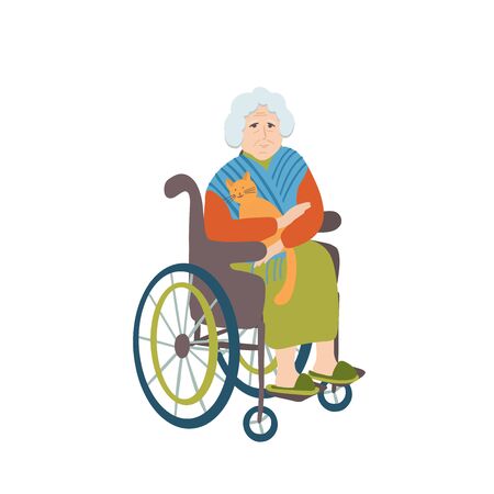 Hand drawn vector illustration of a senior woman in a wheelchair and a cute cat isolated on white background. Great for design social issue posters. Old people theme.のイラスト素材