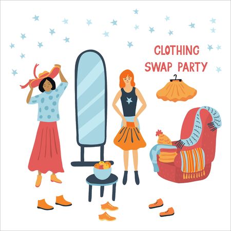 Clothing swap party vector illustration isolated on white background. Friends exchange their clothes and shoes. Two nice women on an eco-friendly event.のイラスト素材